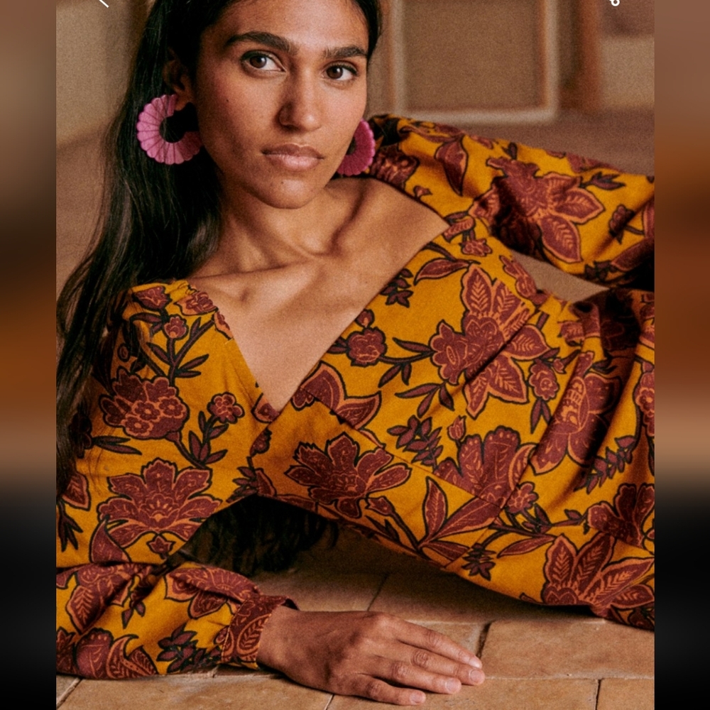 Sezane Carola Dress in Mustard and Burgundy Floral - Picture 2 of 6
